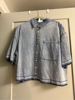 Light Wash Denim Button-Down Shirt - Oversized Pocket